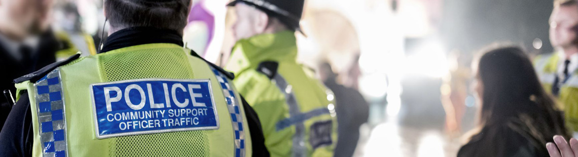 Back of a police community support officer at a public event.