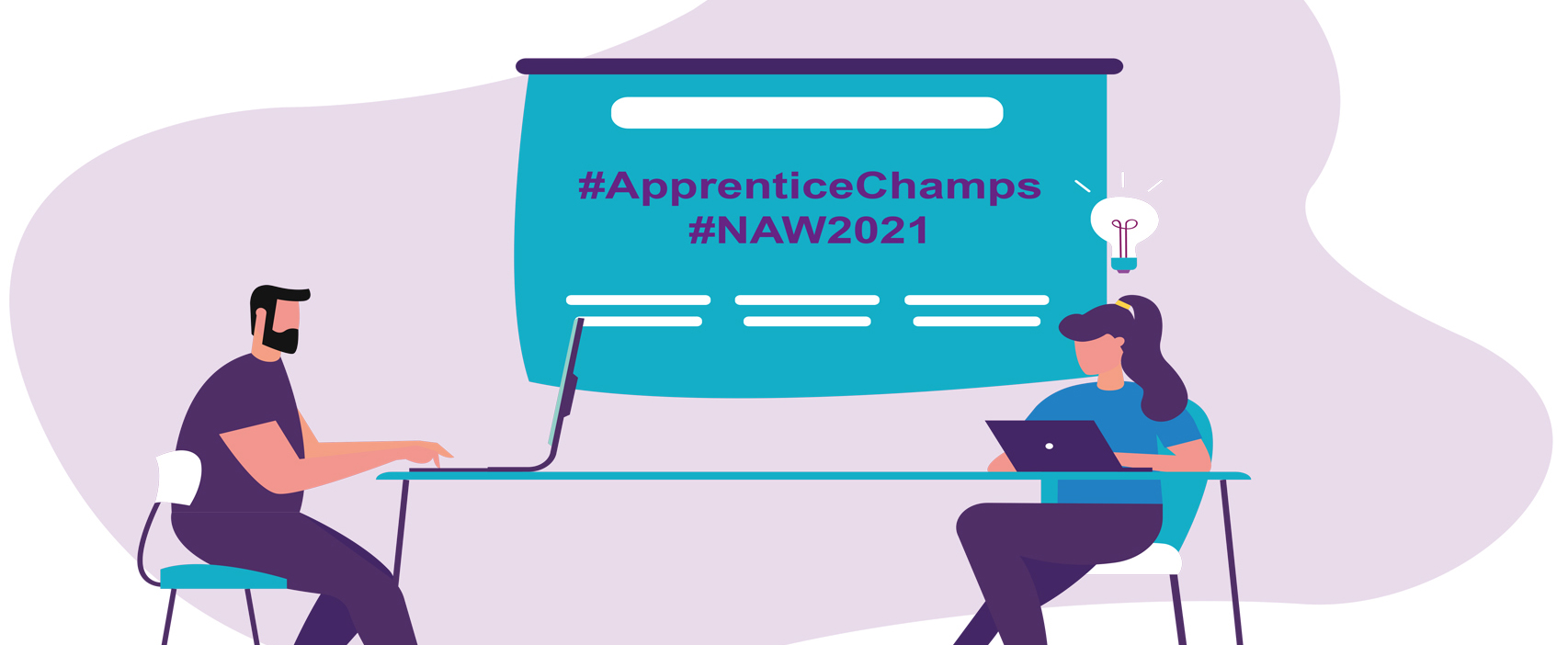 Illustration of two people working on laptops at a desk. The display board behind them says #ApprenticeChamps and #NAW2021