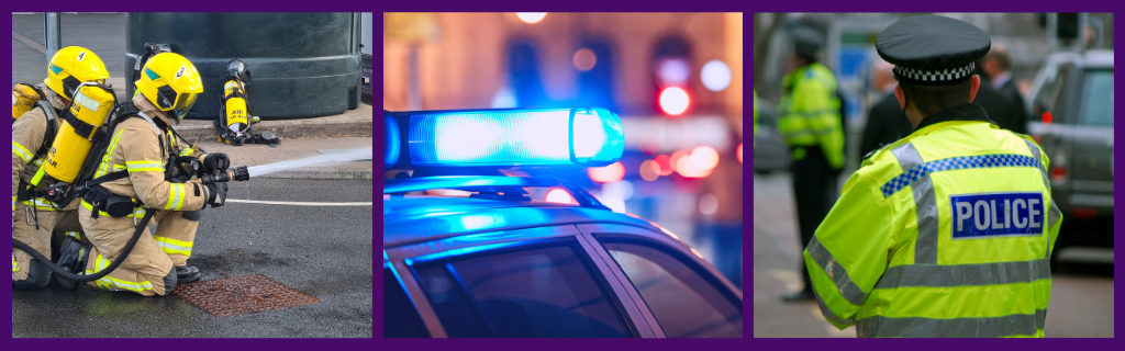 3 photos of various emergency service scenarios