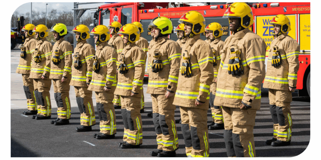 Firefighters in uniform lined up stood in front of a fire engine.