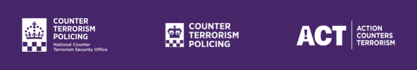Counter Terrorism Policing logo, National Counter Terrorism Security Office logo, Action Counters Terrorism logo