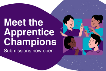 Text saying "Meet the Apprentice Champions Submissions now open", with a colourful graphic of 4 people.