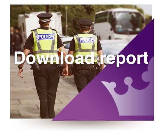 Two police officers walking away from the camera. Text says "Download report" with SFJ Awards purple crown in the bottom right hand corner.