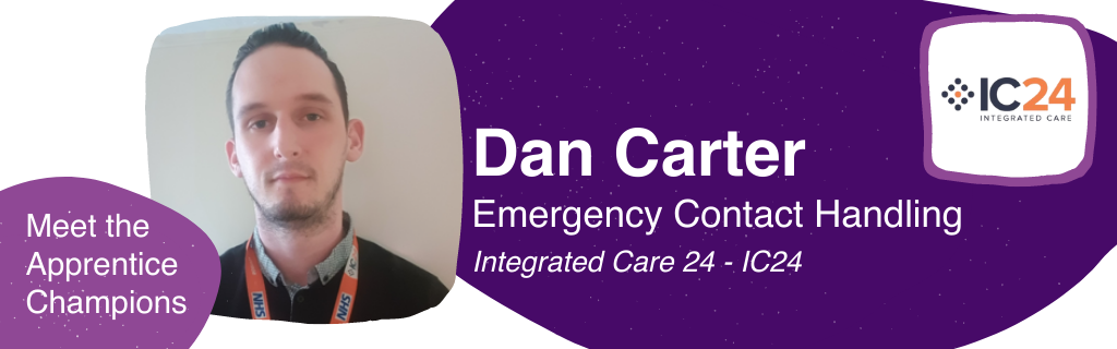 Name and photo of Apprentice (Dan Carter). Logo and name of the organisation he works for (IC24).