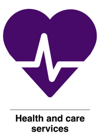 Heart shape with heartbeat icon. Text says "Health and care services".