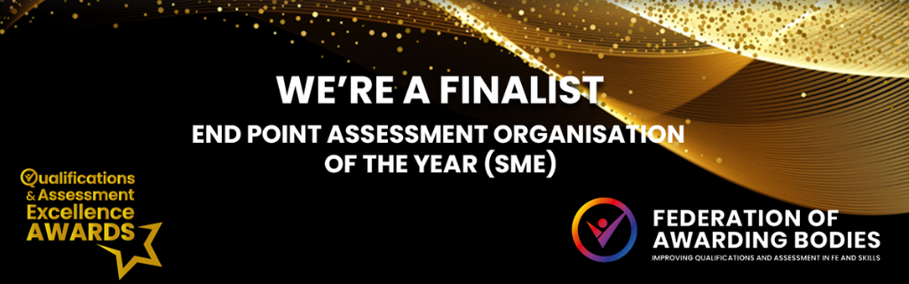 End-Point Assessment Organisation of the Year (SME) Finalist. Federation of Awarding Bodies logo and Qualifications and Assessment Excellence Awards logo. Celebratory glitter background.